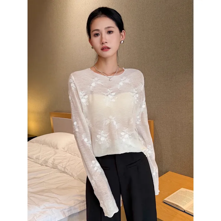 圆领网纱刺绣白色打底衫女2025新款秋高级感洋气长袖t恤内搭上衣