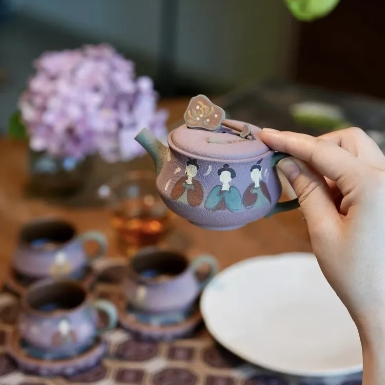 段泥粉浆手绘150cc紫气东来扇子壶精美紫砂壶刘素素纯手工