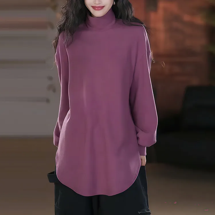 高领宽松长袖慵懒风百搭显瘦T恤2025秋冬新款设计感别致纯色上衣