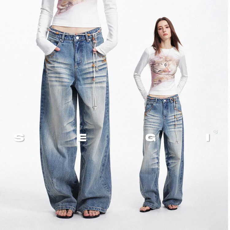 SEGI原创设计早秋新款重工猫须渐变闪电纹竹结面料牛仔裤女直筒裤