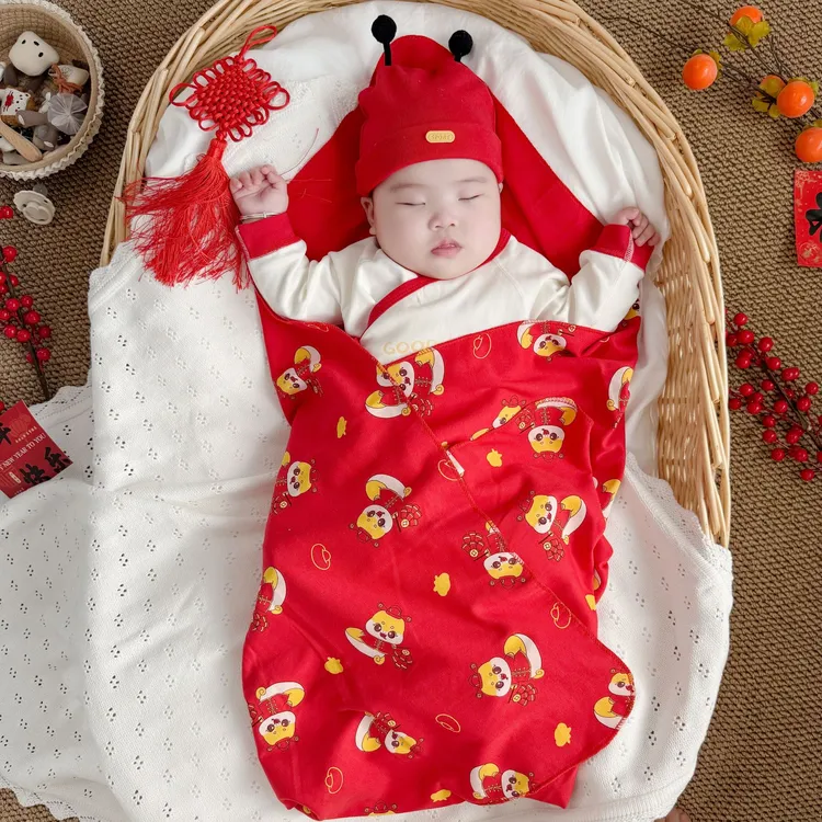 蛇年小婴儿抱被全棉新生儿产房红布夏季纯棉男女宝宝包被初生包巾