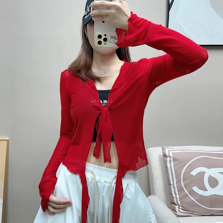 网纱系带腰搭小开衫网纱微透长袖时尚跳舞衣服舞台演出上衣女
