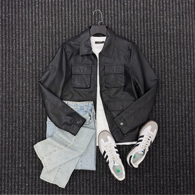 There isrice美式翻领PU软皮多口袋夹克短款休闲复古机车服外套男