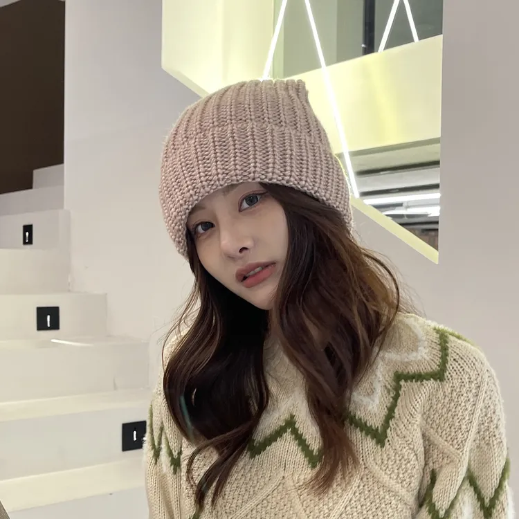 秋冬棉帽女三针喷纱针织帽日系时尚纯色甜美保暖圆顶学生毛线帽