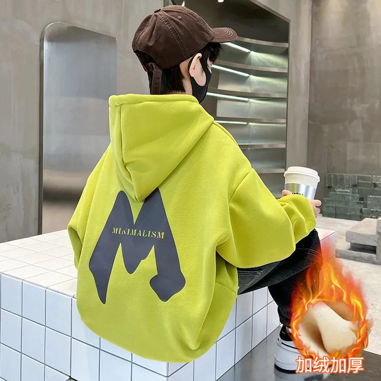 男童加绒卫衣连帽6-12岁潮款中大童男孩一体绒加厚儿童秋冬款洋气