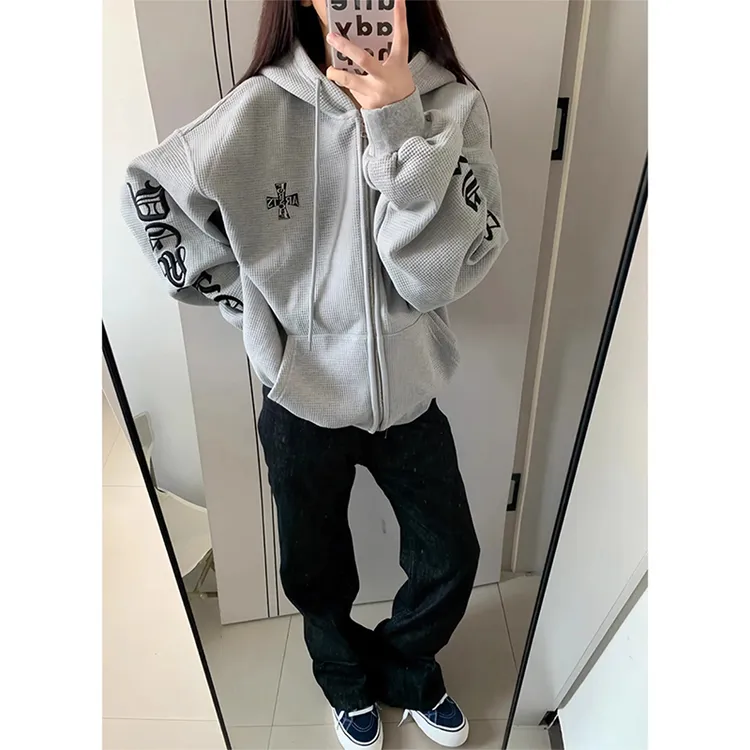 美式高街刺绣开衫卫衣男女秋季哥特风十字架棒球服华夫格连帽外套
