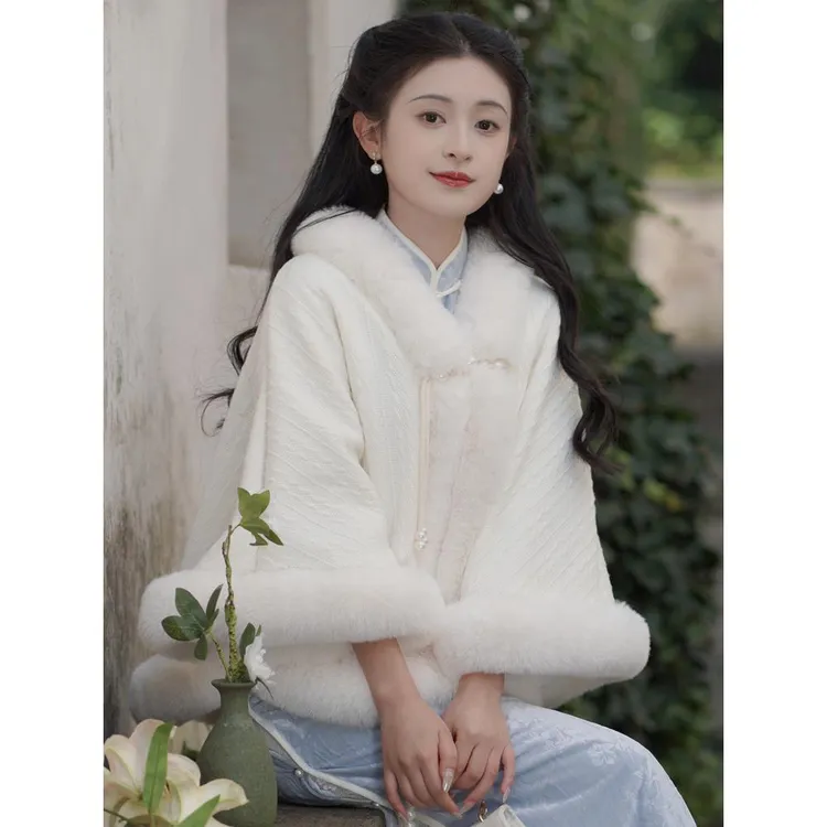 温柔仙女加厚斗篷披肩配旗袍秋冬文艺百搭保暖毛绒领外搭开衫加绒
