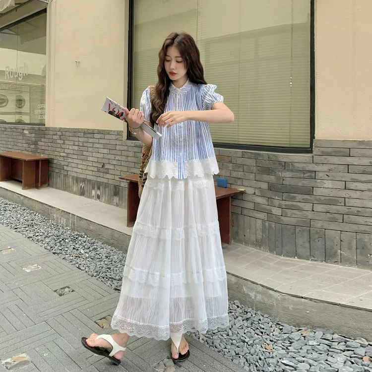 巨好看小清新蓝色条纹衬衫套装裙女夏日ootd穿搭蕾丝半身裙两件套