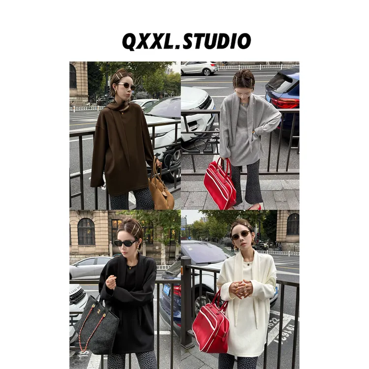 邱小小丽呀 秋冬新款带飘带加厚纯色卫衣女百搭显瘦保暖长袖上衣