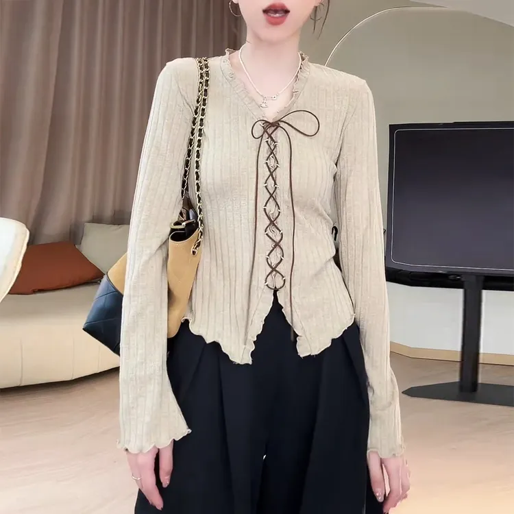 韩版时尚绑带长袖针织衫女2025春秋新款设计感修身显瘦打底衫上衣