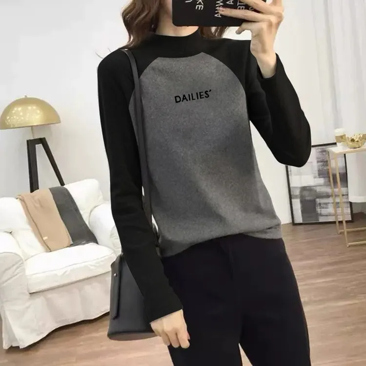 德绒加绒加厚保暖半高领长袖T恤女秋冬季磨毛内搭插肩上衣打底衫