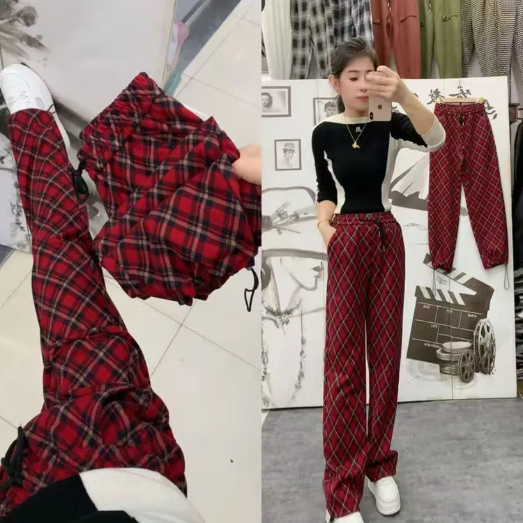 2026年新款复古红色格子抽绳两穿窄版直筒裤女高腰显瘦遮肉拖地裤
