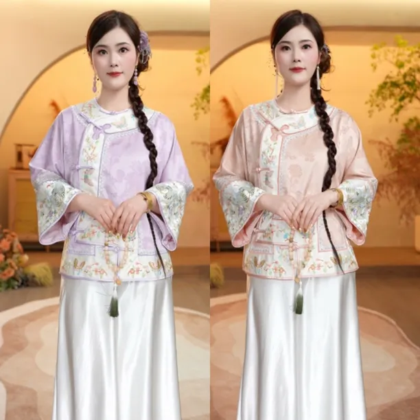 【紫雾铃兰】2025新款秋季气质轻奢上衣新中式国风宽松圆领绣花外套