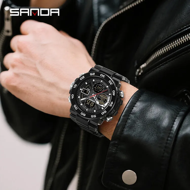 三达跨境腕表多功能运动防水男士日历手表通勤三时间夜光电子表