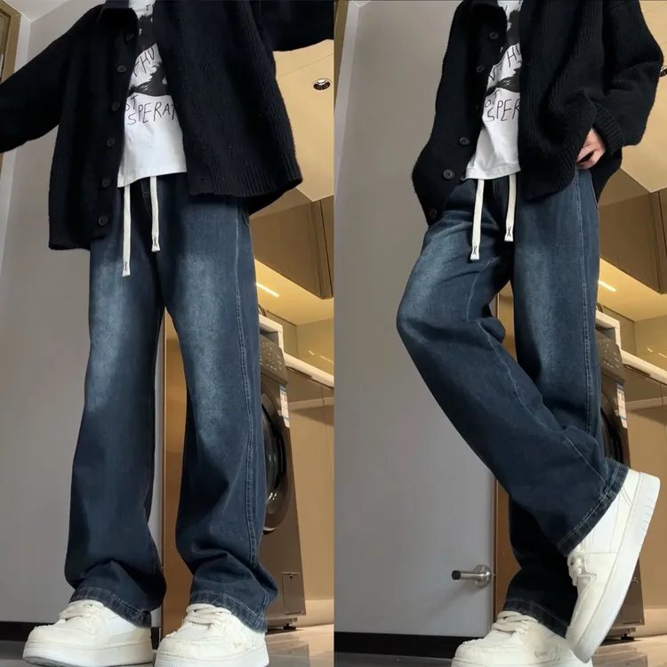 WN黑色新款美式牛仔裤潮牌宽松直筒复古百搭高街ins风垂感阔腿裤