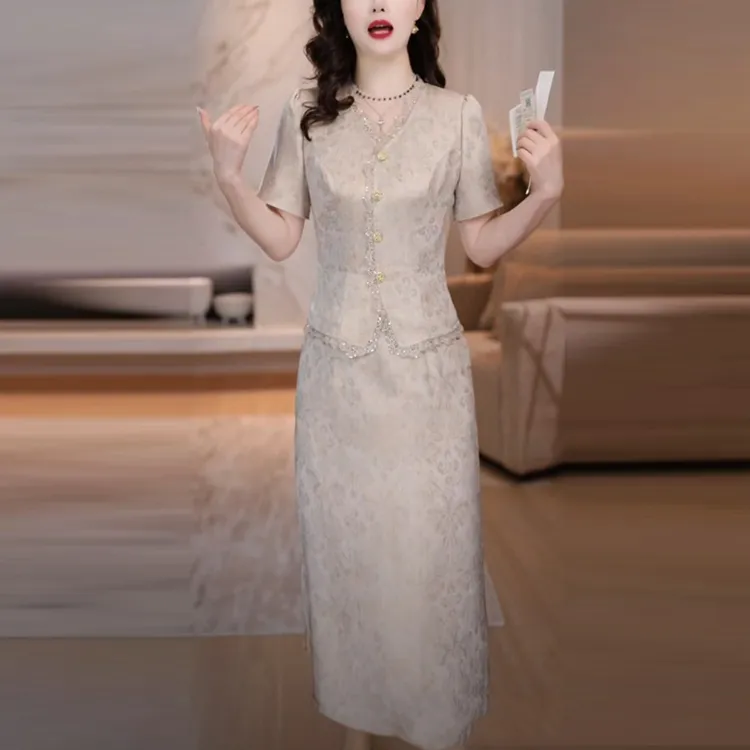 花罗提花缎轻奢女装2025夏季新款高档气质贵气蕾丝假两件连衣裙子