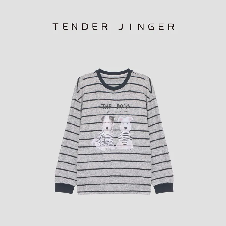 Tender Jinger绒感廓形条纹小狗长袖T恤T53XXQ41221