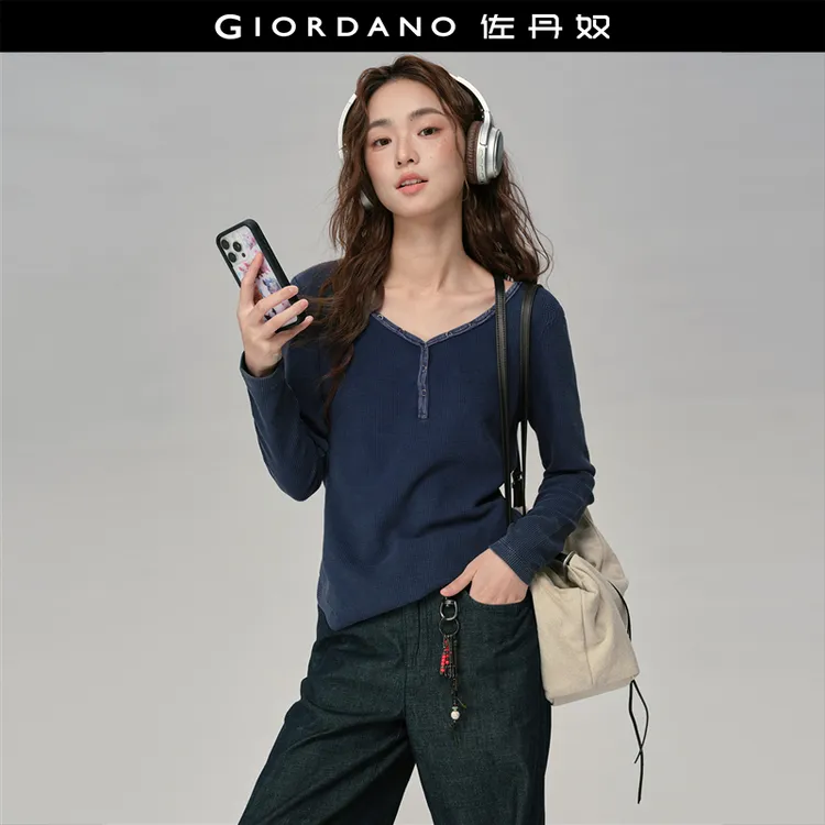 【卢正义明星款】佐丹奴T恤女装华夫格拼布亨利领长袖T恤 18325920