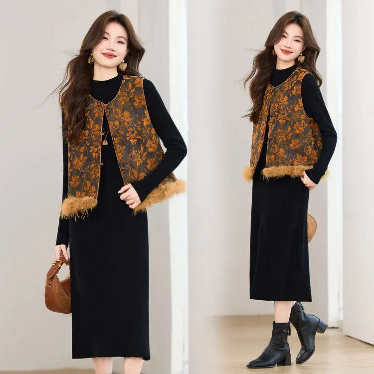 新中式国风夹棉马甲套装裙女2025冬季新款高级感气质连衣裙两件套