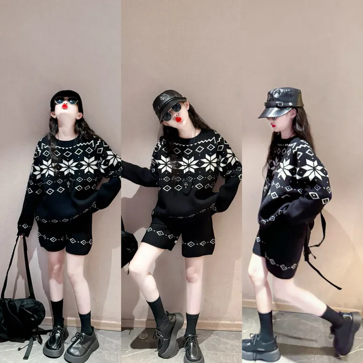 女童美式套装春秋款2025新款中大童时髦高级感费尔岛毛衣短裤两件