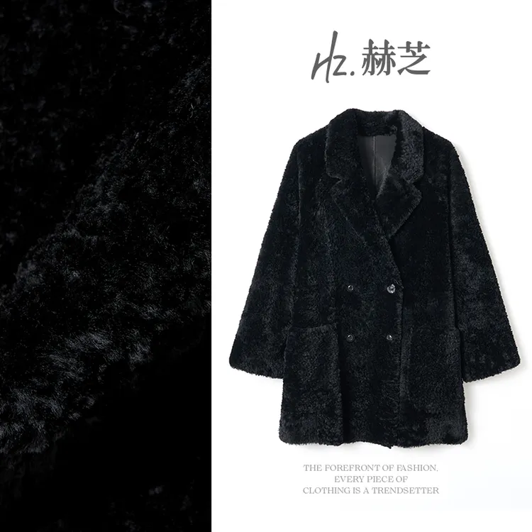 赫芝！西班牙进口拉贡羊皮毛一体女装中长款海宁皮草大衣黑色外套