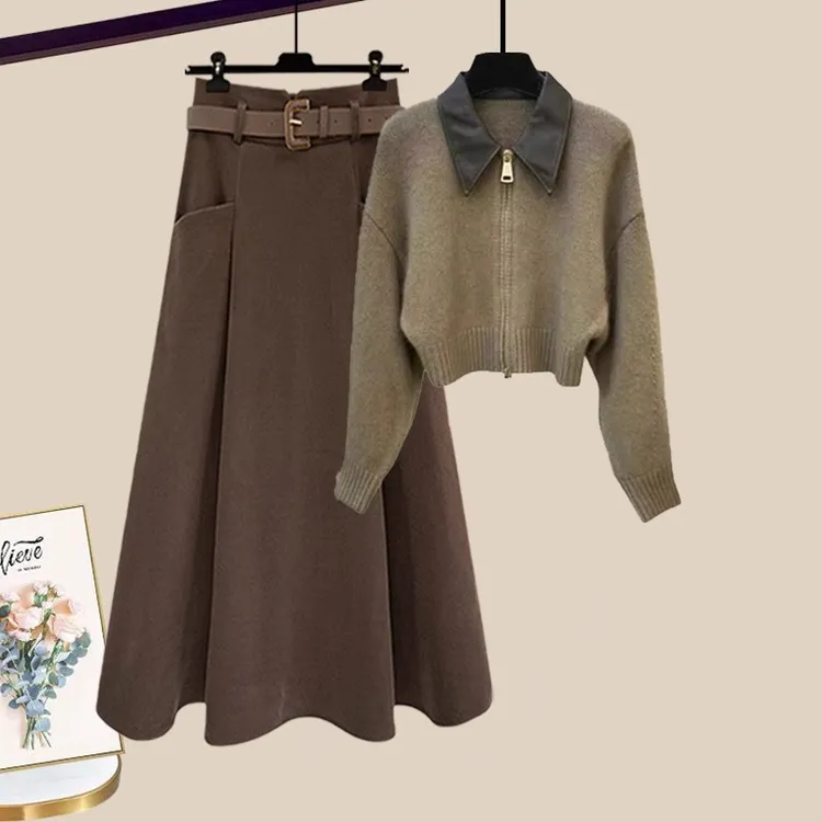 M910M873#Polo领拉链针织毛衣女秋冬季高腰显瘦半身裙两件套