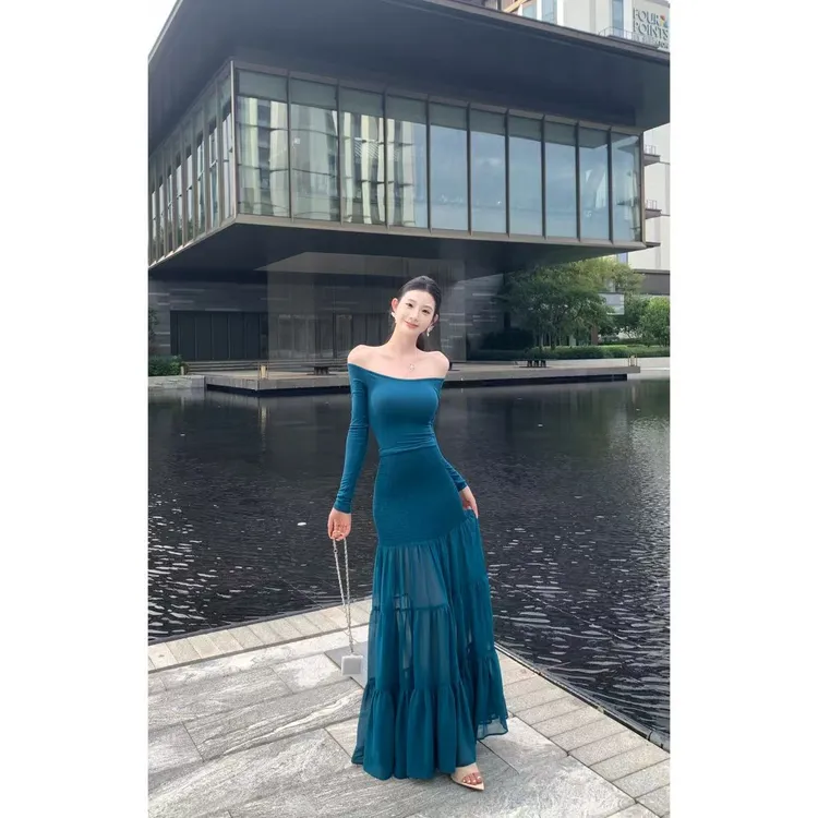 【香肩陷阱】一字肩针织T恤简约百搭长袖修身上衣➕高弹长款大摆裙