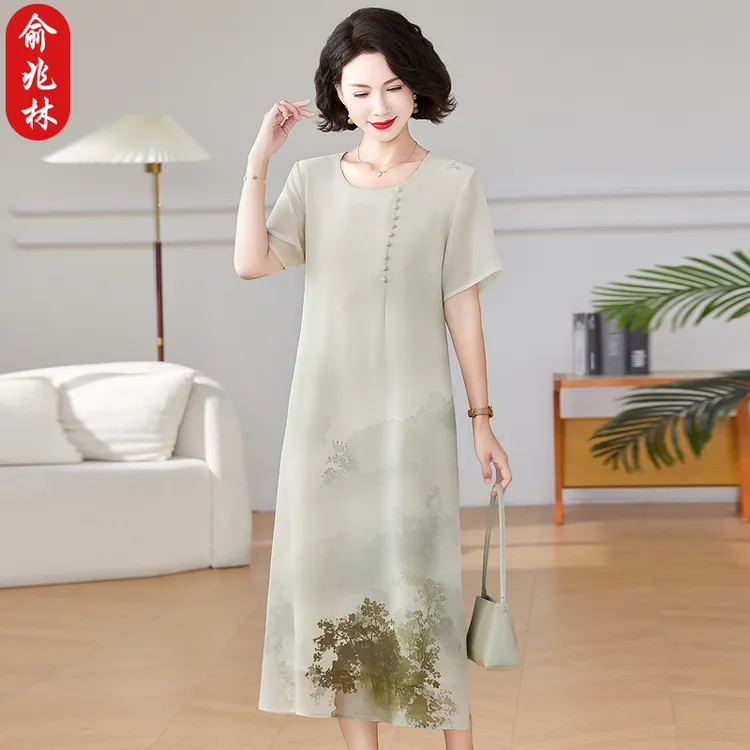 俞兆林妈妈夏装新中式连衣裙国风雪纺裙中老年女夏季短袖过膝长裙