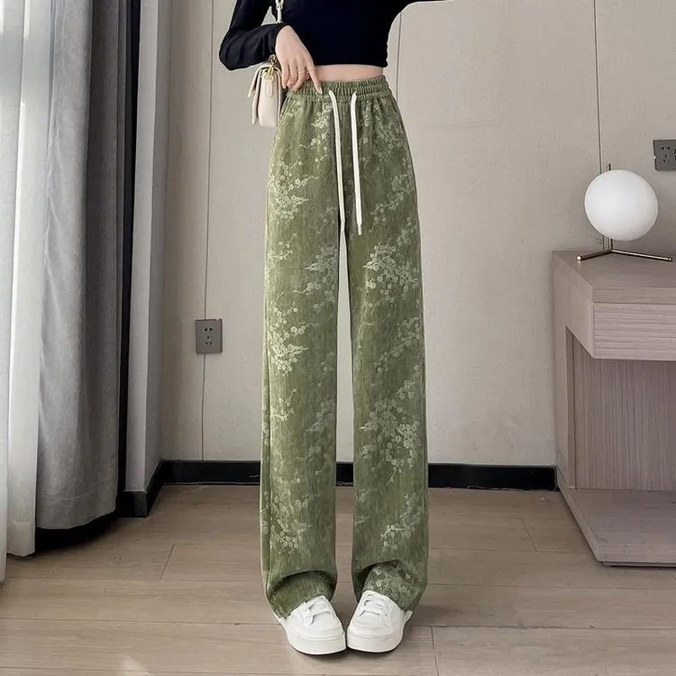 新中式国风窄版阔腿裤女2025春秋新款高腰设计感提花休闲直筒裤子
