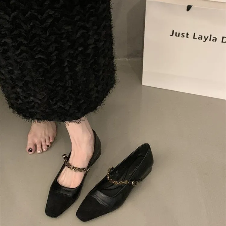 粗跟链条玛丽珍鞋女鞋子2025年春季新款低跟浅口一字带复古单鞋