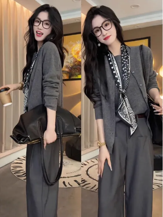 秋季网红时尚炸街新款女装韩版气质显瘦上衣百搭休闲长裤子三件套