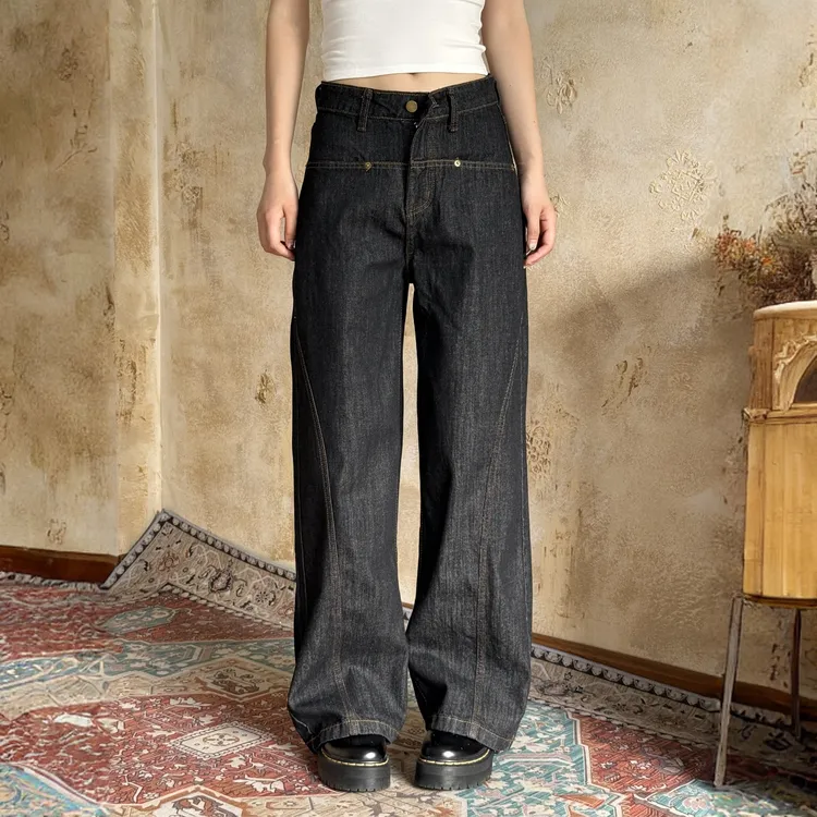 大码美式丹宁原色宽松直筒牛仔裤女秋季新款百搭阔腿拖地直筒长裤