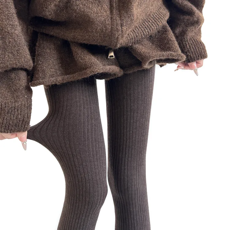 秋冬竖纹保暖加绒羊毛打底裤咖色百搭简约拉绒连裤袜灰色踩脚长筒