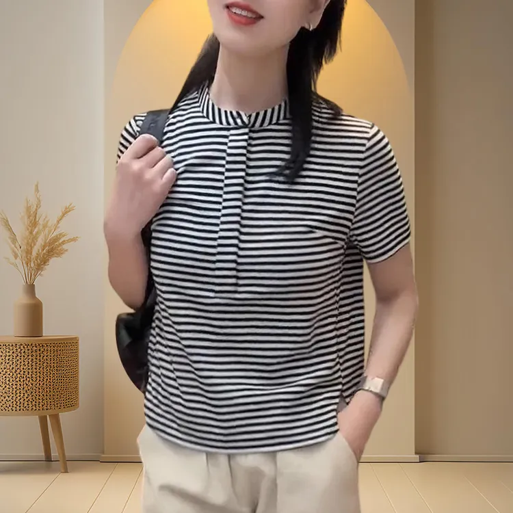 【纯棉】妈妈装夏季条纹短袖T恤女款2025新款时尚百搭气质衣服上衣