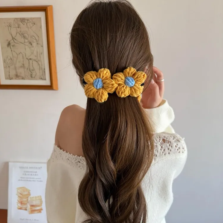 秋冬针织马尾夹毛线发夹女花朵香蕉夹子后脑勺扭扭夹竖夹头饰发卡
