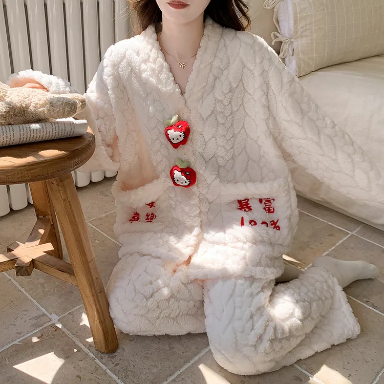冬季珊瑚绒保暖睡衣女2025新款家居服套装韩版卡通KT甜美女士加绒