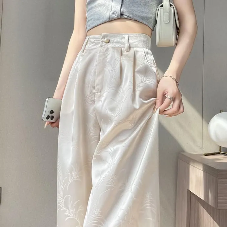 冰丝醋酸缎面休闲裤夏天裤子女新中式提花阔腿裤链条国风唐装裤春