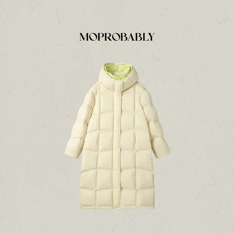 Moprobably李予诺「首秀」90白鹅绒时尚撞色长款连帽羽绒服L5468004