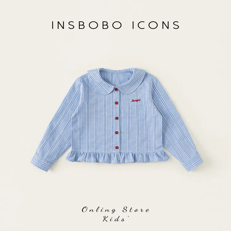INSbobo儿童翻领衬衣春秋新品花边底上衣洋气翻领格子衬衫CY65064