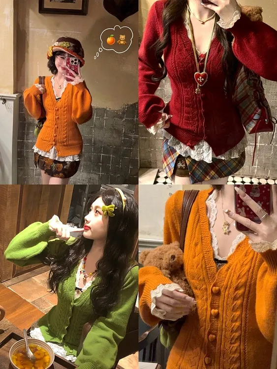 韩系秋冬季氛围感修身毛衣针织开衫收腰外套显瘦蕾丝内搭上衣套装