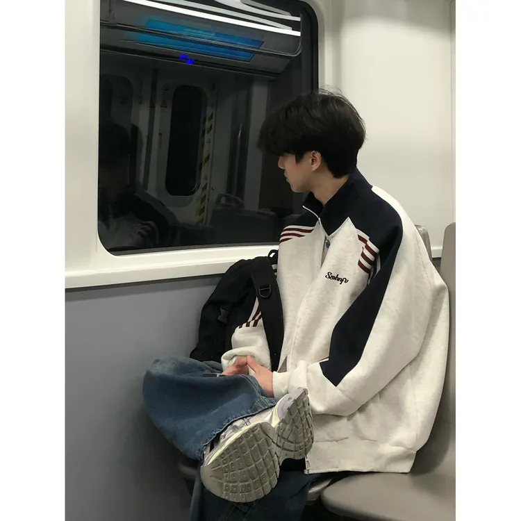 美式简约字母印花撞色三条杠立领开衫外套男女秋冬季情侣休闲卫衣