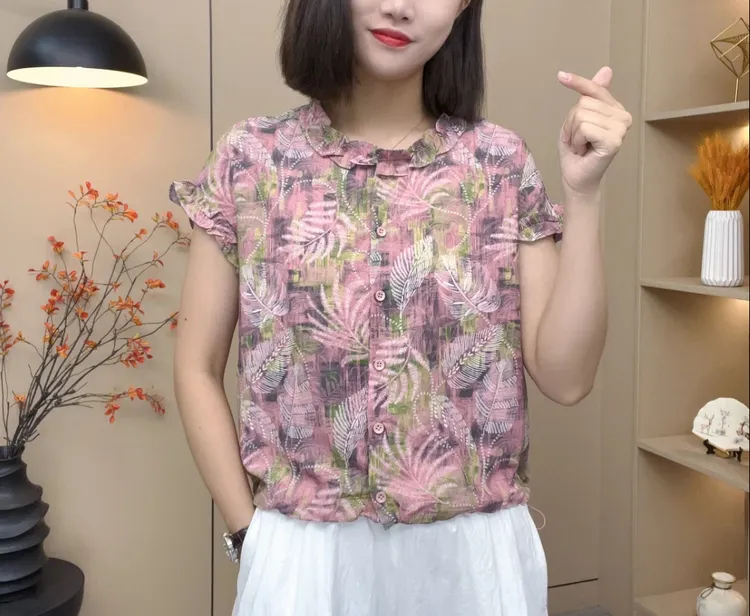 气质荷叶领夏季薄款洋气时尚百搭印花小衫显瘦花色休闲短袖女士