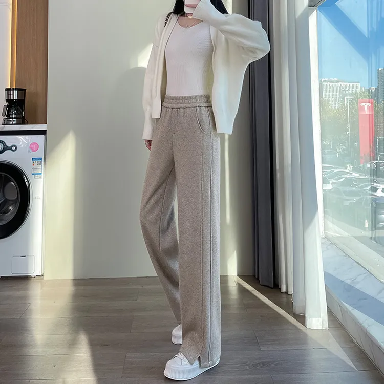 2025新款毛呢开叉香蕉阔腿裤女秋冬季加绒加厚大码直筒休闲裤女