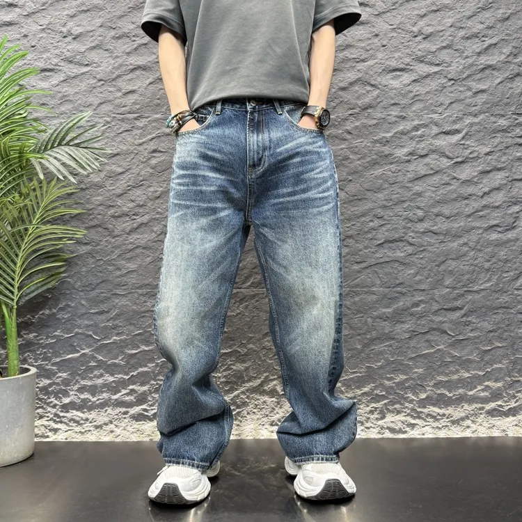 痞帅宽松直筒牛仔裤水洗深蓝牛仔裤阔腿裤阔腿拖地裤男百搭休闲裤