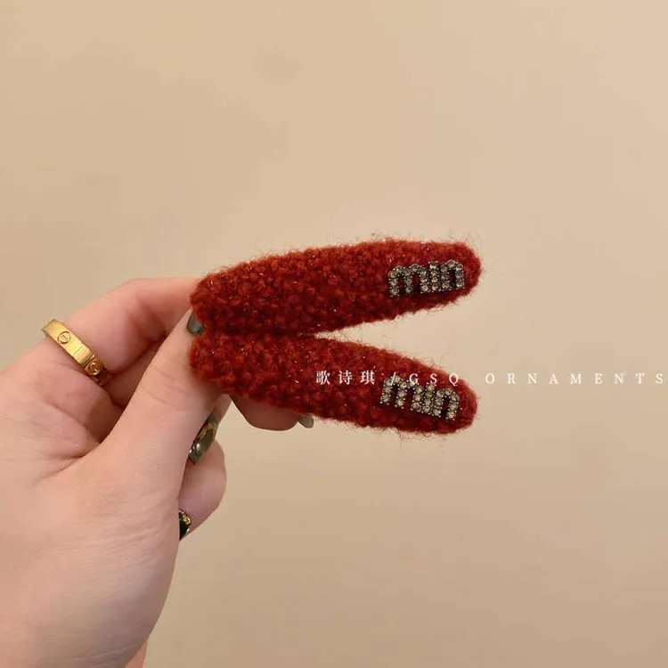 红色秋冬粗花呢发夹女前额碎发刘海夹2025新款高端侧边水钻鸭嘴夹