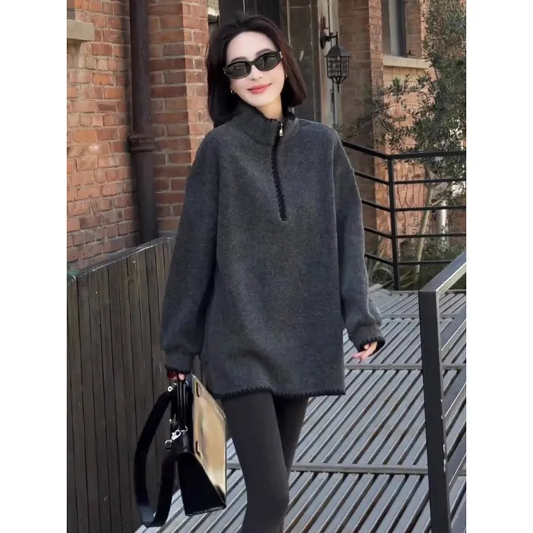 半拉链加厚立领中长款卫衣女2025新款爆款秋冬洋气遮屁股内搭上衣