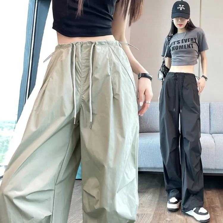 清凉冰丝速干工装裤女2025春夏季防晒薄款抽绳束脚阔腿两穿休闲裤