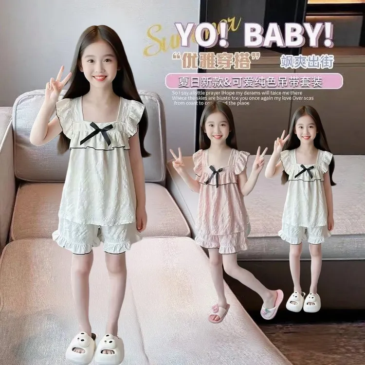女孩家居服夏季新款韩版吊带女童睡衣套装宽松薄款短款大童空调服