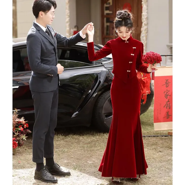 改良鱼尾旗袍敬酒服2025新款新娘秋冬季长袖加厚丝绒修身订婚礼服