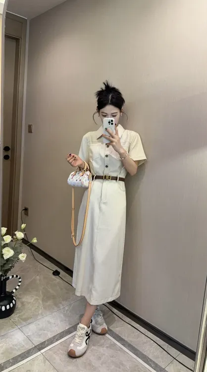 气质中长款连衣裙收腰显瘦翻领短袖洋气修身休闲风夏季减龄裙子1